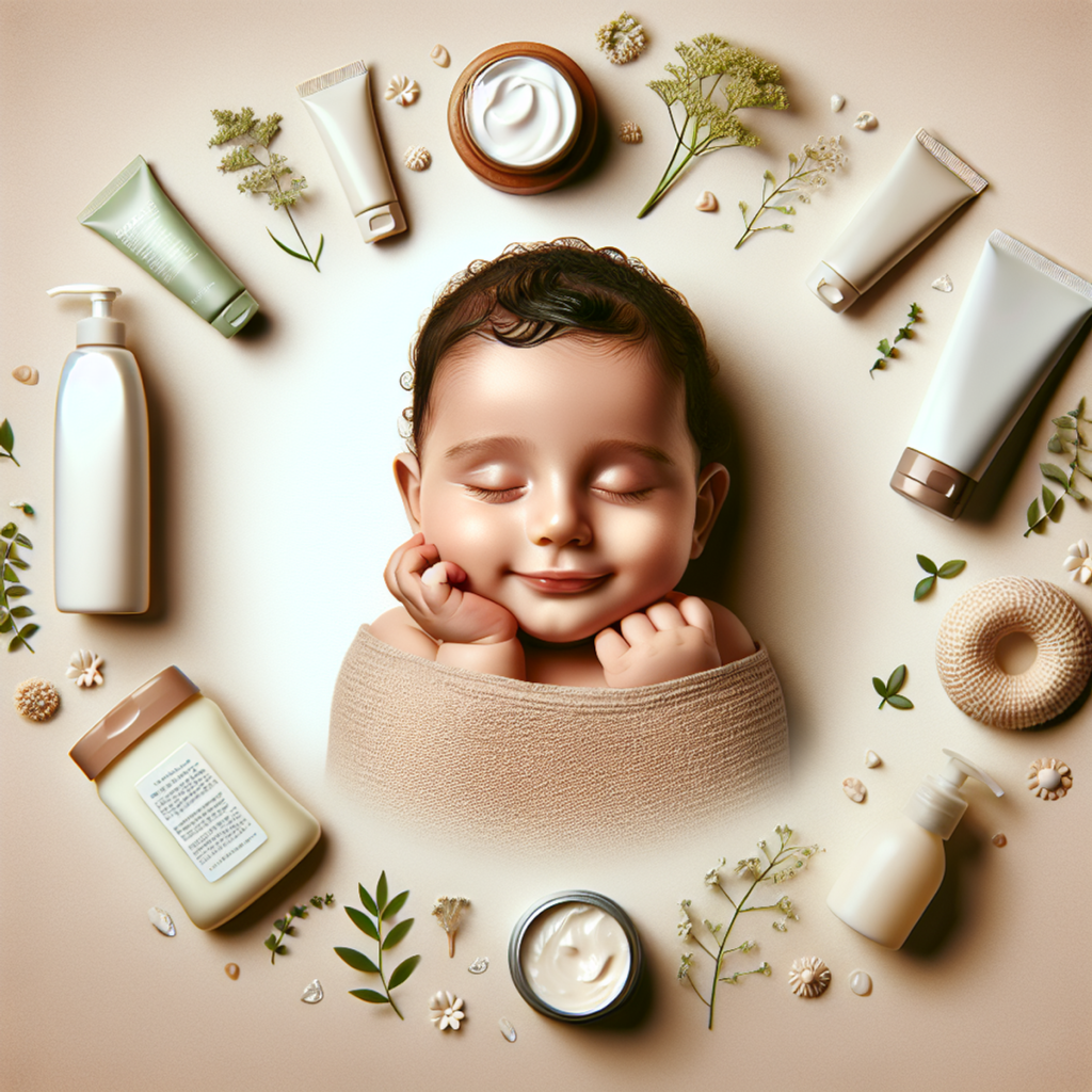 A calm and content Middle-Eastern baby surrounded by skincare products.