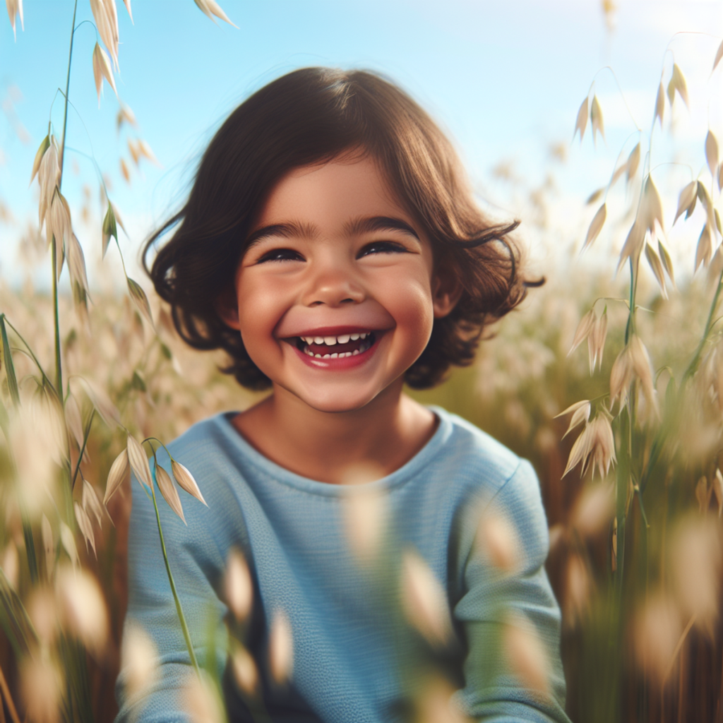 Seorang kanak-kanak yang tersenyum berketurunan Hispanik duduk di tengah ladang oat yang tenang di bawah langit biru yang cerah.