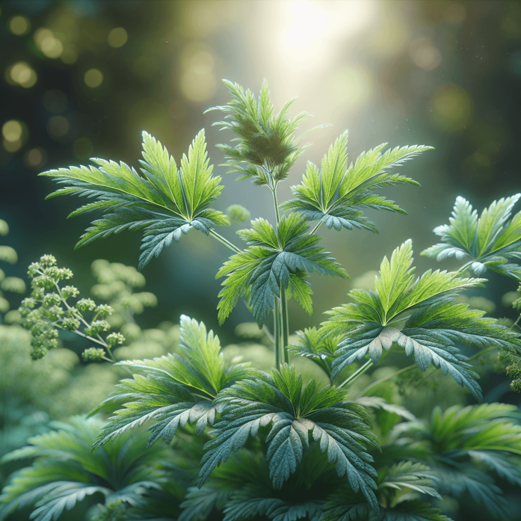 Pandangan dekat sebuah tumbuhan mugwort yang subur dengan daun yang lembut dan halus memperlihatkan tekstur yang rumit, diletakkan di hadapan latar be