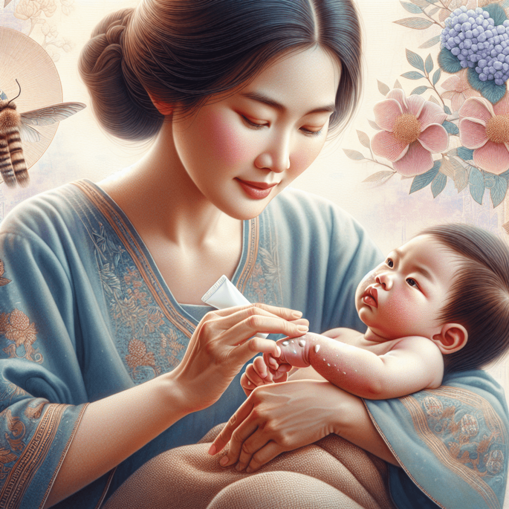 Ibu Asia yang penyayang sedang mengoleskan krim menenangkan pada lengan bayinya, dengan wajah yang memancarkan kehangatan dan kelembutan. Bayi itu kel