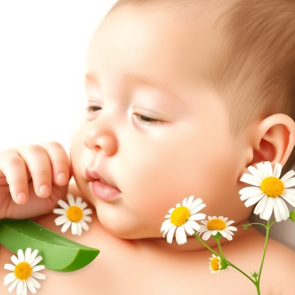 Bayangan bayi dengan kulit lembut dan sihat, dikelilingi oleh aloe vera dan bunga chamomile, mencerminkan penjagaan kulit yang lembut dalam suasana...
