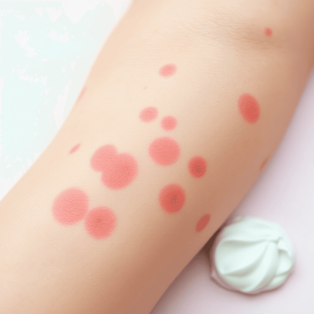 Gambar dekat kulit kering dan teriritasi dengan kemerahan dan tompokan, latar belakang pastel lembut, disertai elemen menenangkan seperti lidah bua...