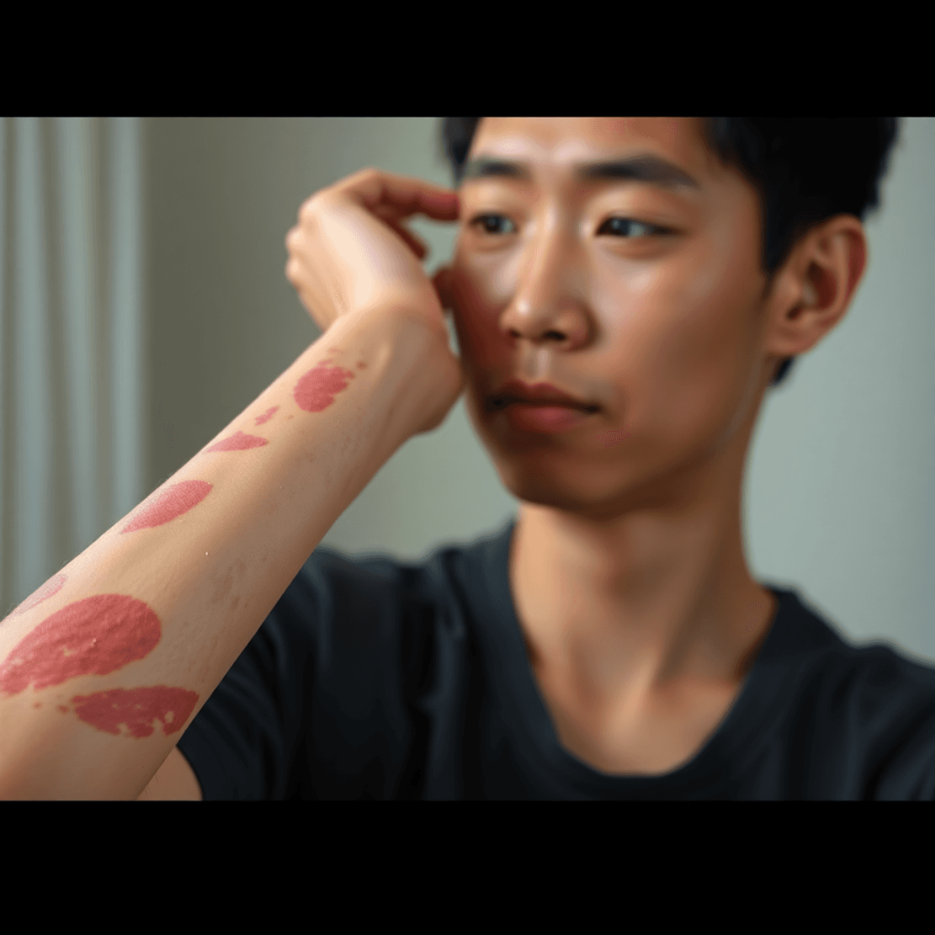 Gambaran dekat sebuah lengan dengan tompok merah bersisik yang khas bagi psoriasis, diletakkan di latar belakang kabur lembut, menyampaikan refleks...