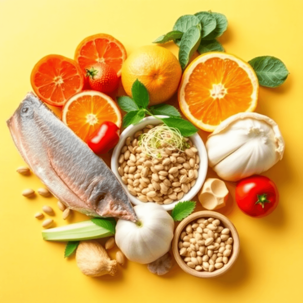 Pelbagai makanan sihat yang berwarna-warni termasuk ikan, buah sitrus, tauge alfalfa, dan biji labu di atas latar belakang yang cerah, mempromosika...