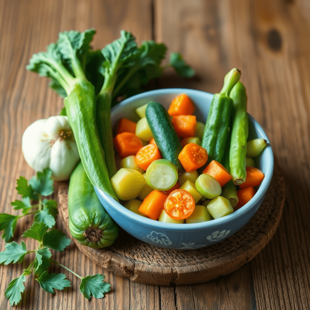 Sayur-sayuran segar berwarna-warni, termasuk sayuran hijau gelap dan bawang, tersusun rapi di atas meja kayu dengan latar belakang cerah yang mengg...
