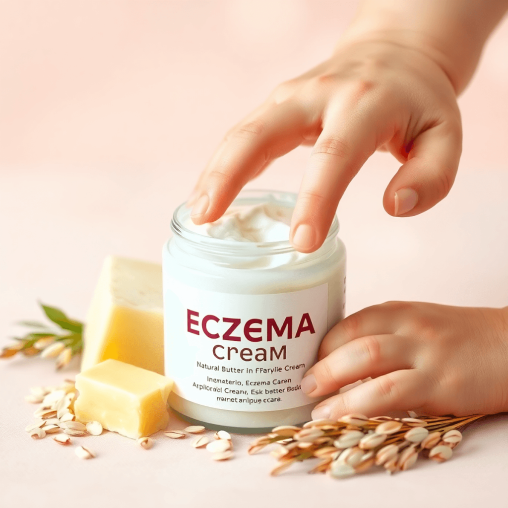 Tangan kanak-kanak menyentuh balang krim ekzema, dikelilingi bahan semula jadi seperti mentega shea dan oat, latar belakang berwarna pastel lembut.